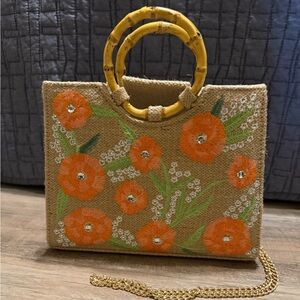 TJ Maxx Floral Embroidered Tan Handbag with Bamboo Handles